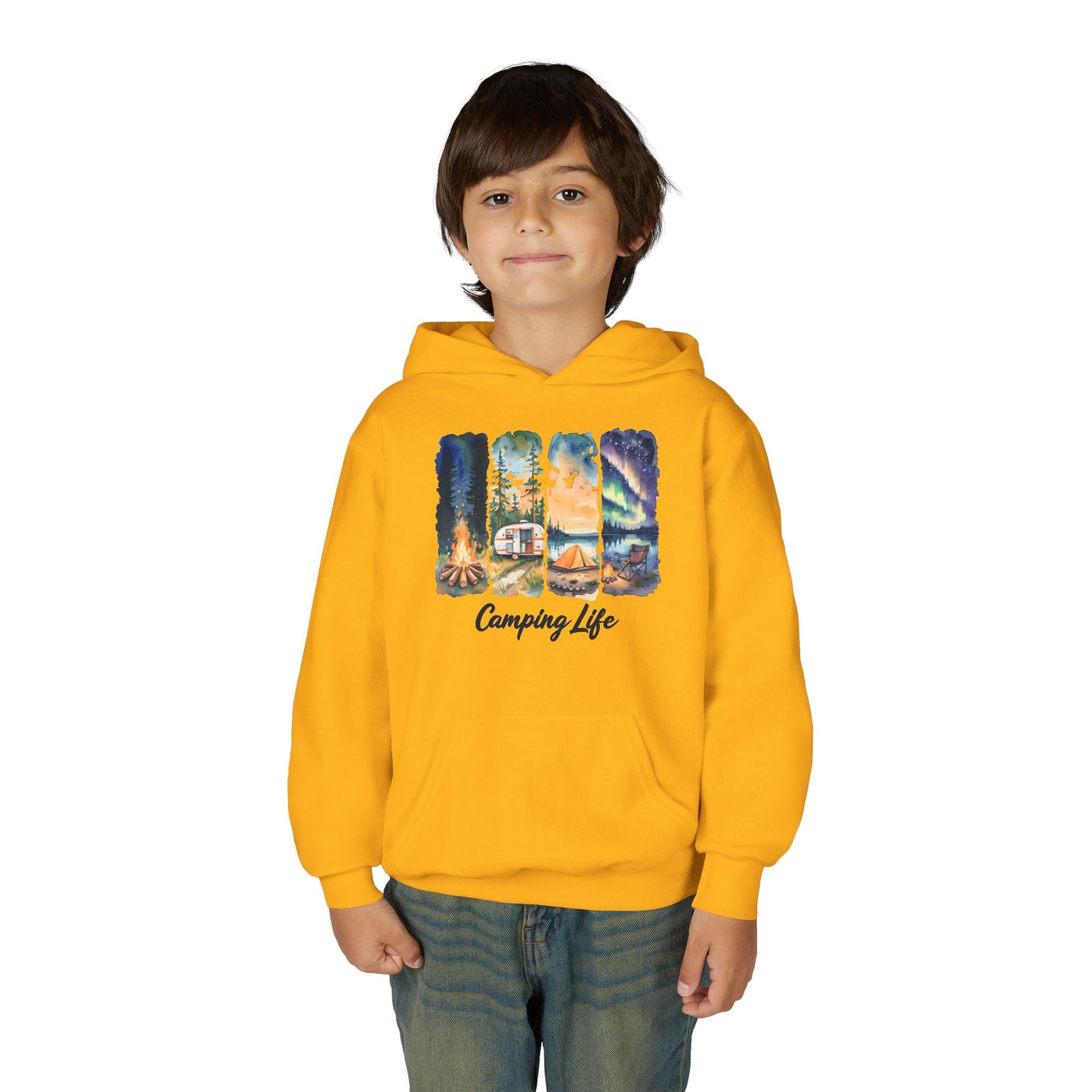 Youth Camping Life Hoodie — Scenic Campfire, Tent & Camper Pullover