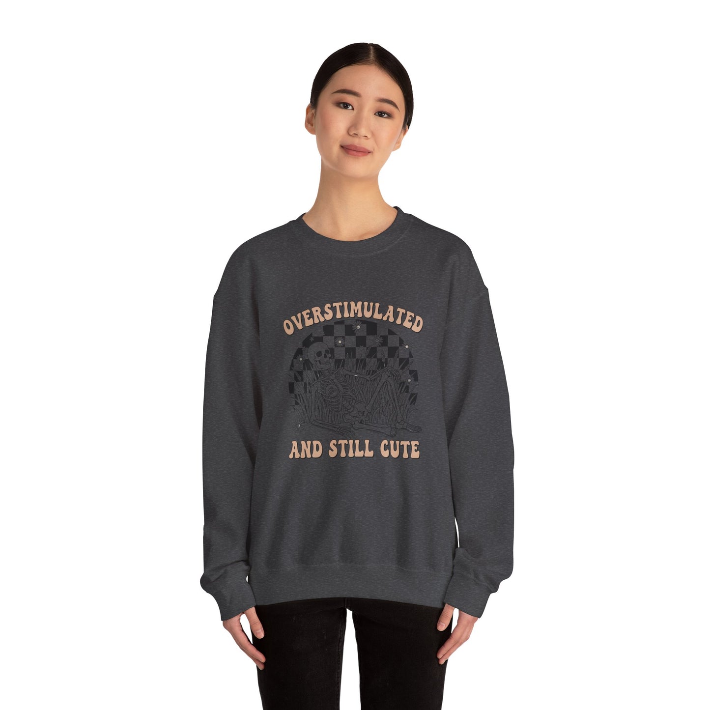Sweatshirt — "Overstimulated and Still Cute" Skull Checkerboard Graphic Crewneck