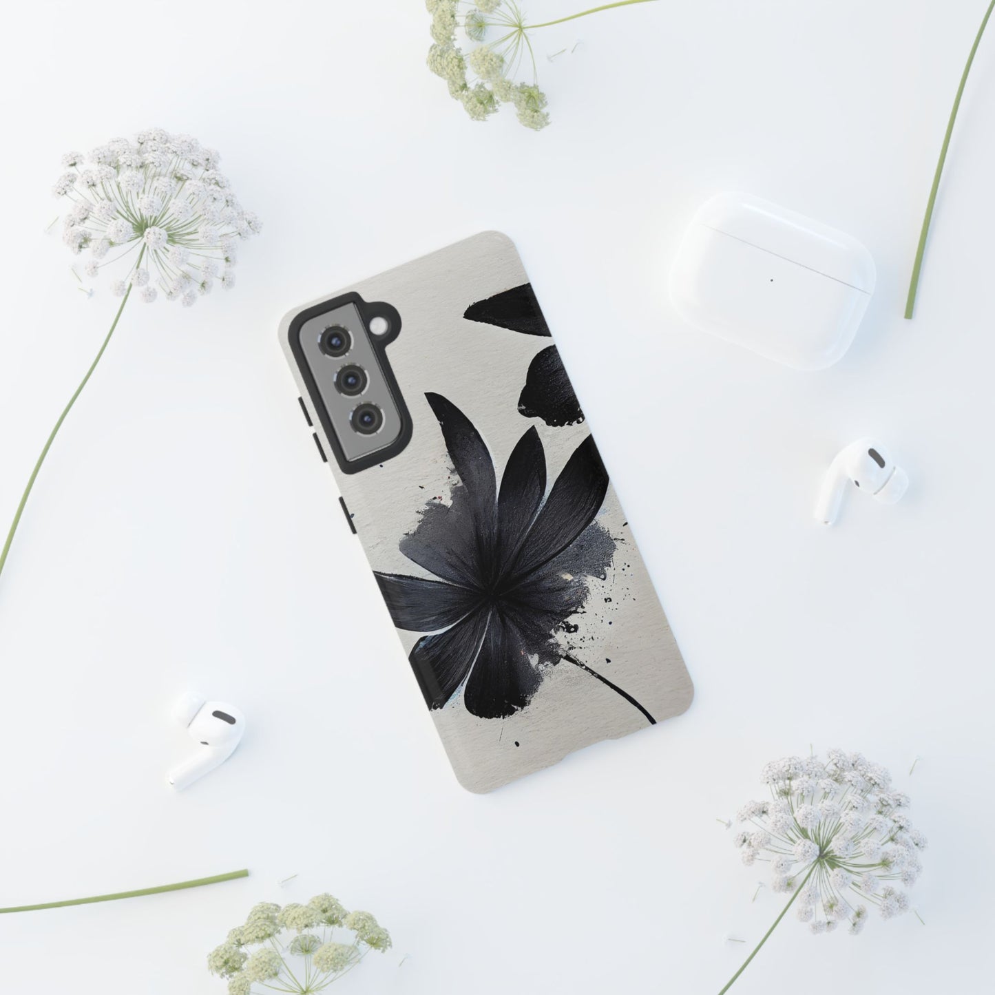 Monochrome Floral Tough Phone Case — Black Ink Flower Protective Cover