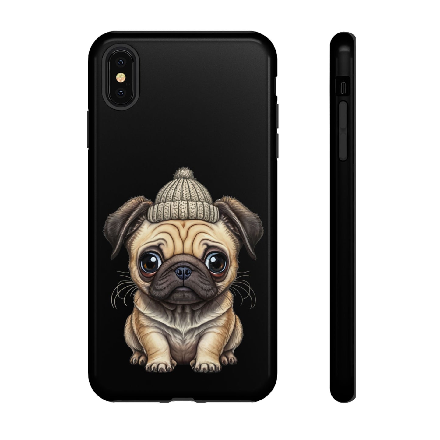 Pug Phone Case – Cute Pug Puppy Illustration on Black Tough Case