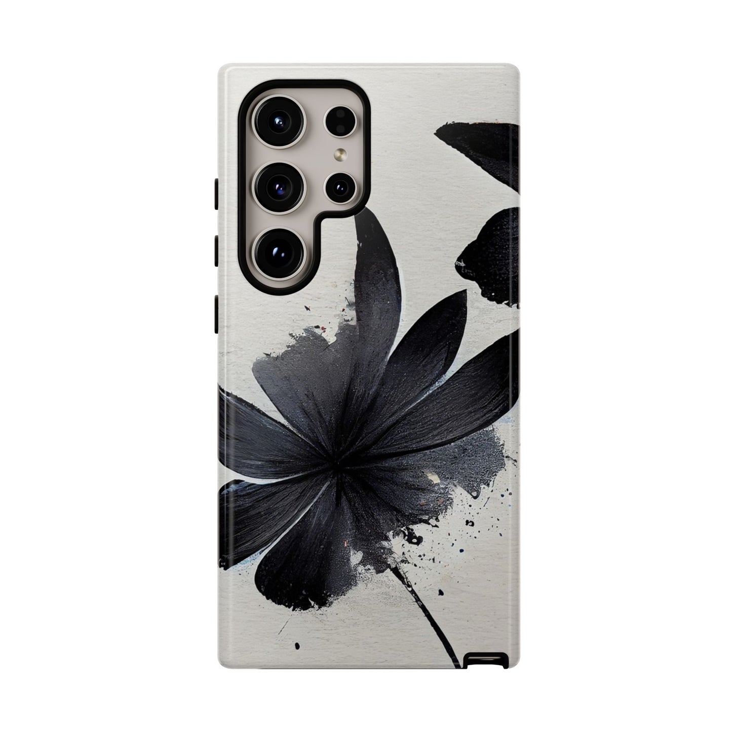 Monochrome Floral Tough Phone Case — Black Ink Flower Protective Cover