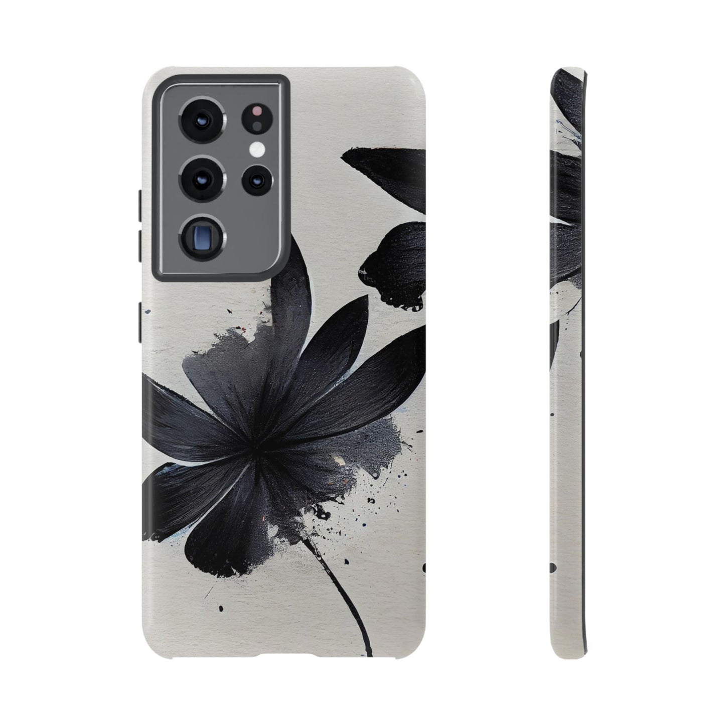 Monochrome Floral Tough Phone Case — Black Ink Flower Protective Cover