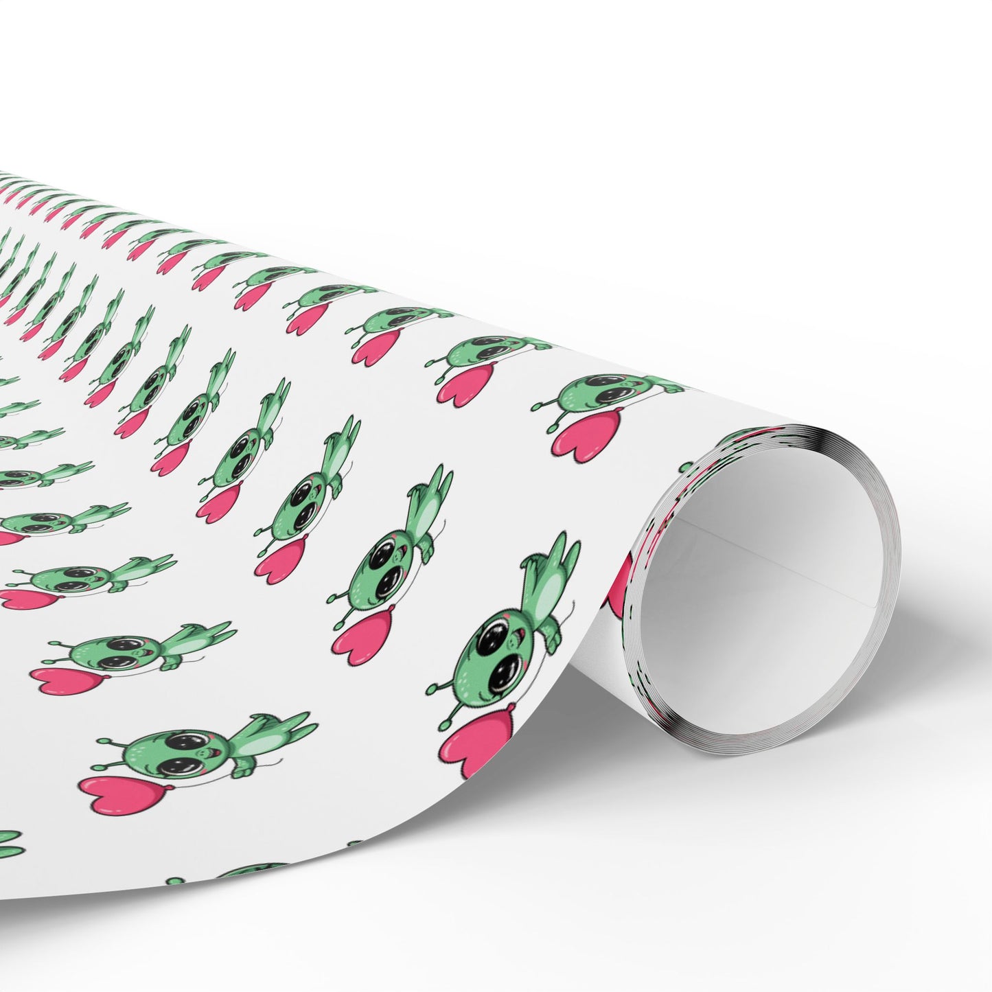 Wrapping Paper – Cute Green Alien with Pink Heart Pattern, Cute Gift Wrap for Kids & Baby Showers