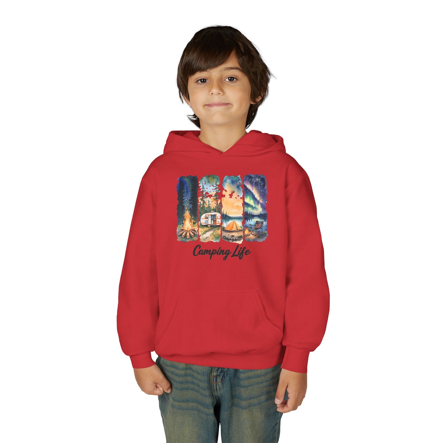 Youth Camping Life Hoodie — Scenic Campfire, Tent & Camper Pullover