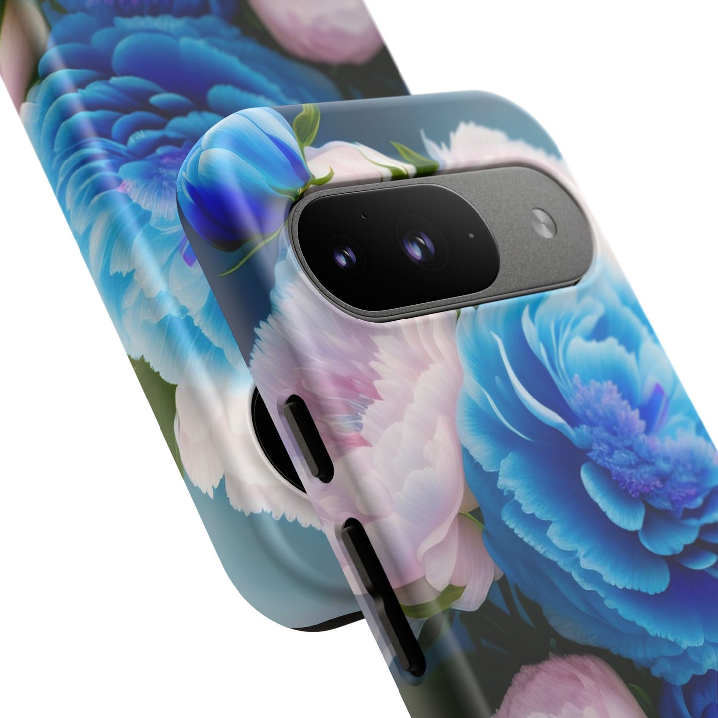Floral Blue Peony Phone Case — Protective Tough Case with Pink & Blue Blooms