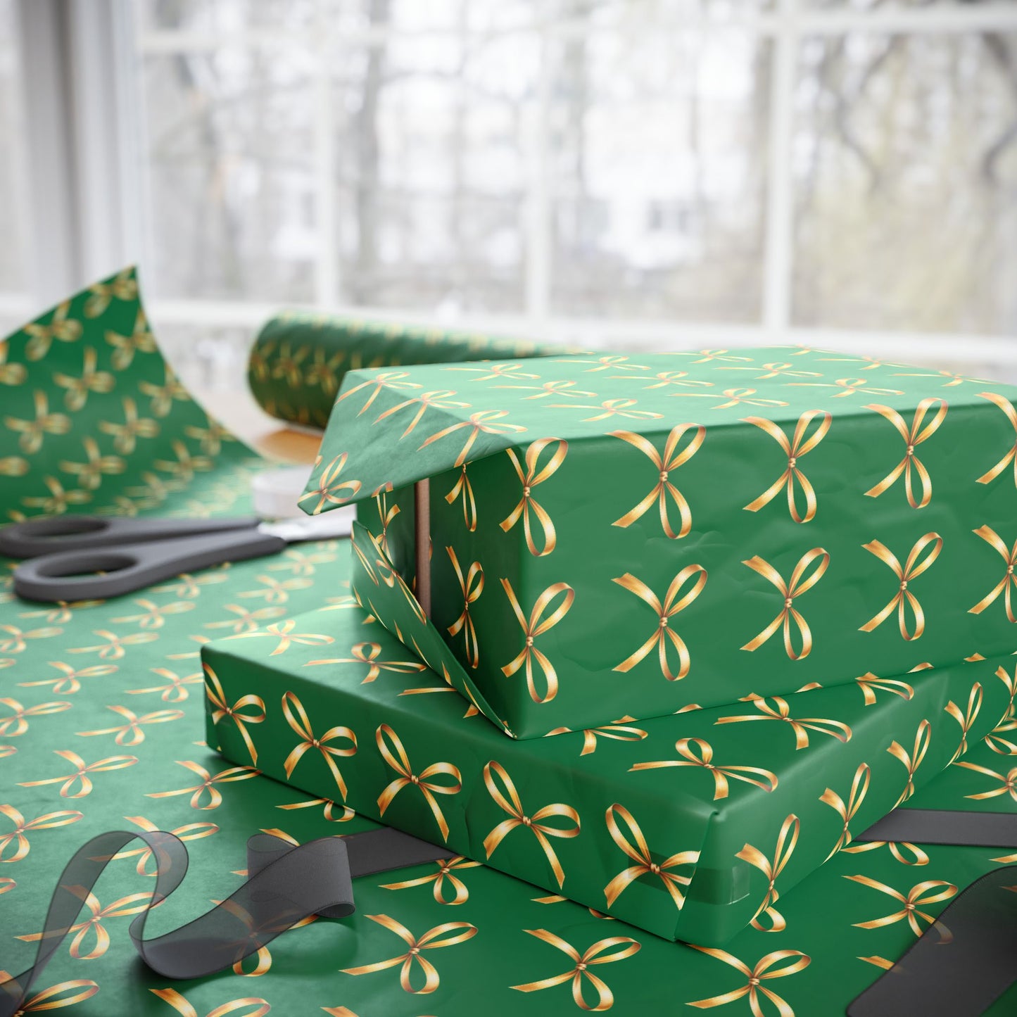 Holiday Green Wrapping Paper Roll — Gold Bow Pattern