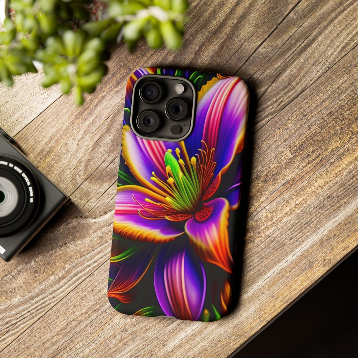 Floral Neon Tough Phone Case — Vivid Purple & Orange Lily Protective Cover