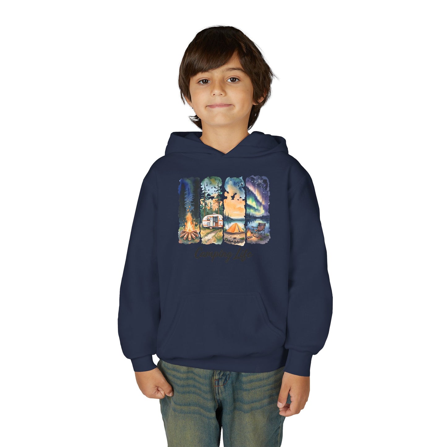 Youth Camping Life Hoodie — Scenic Campfire, Tent & Camper Pullover