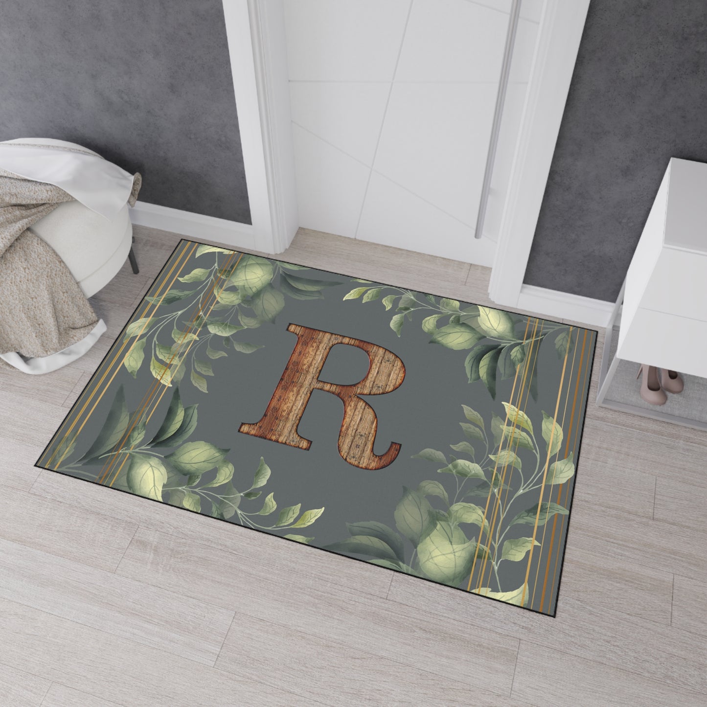 Personalized Monogram Floor Mat - Rustic Wood 'R' with Greenery Welcome Rug - Letter R