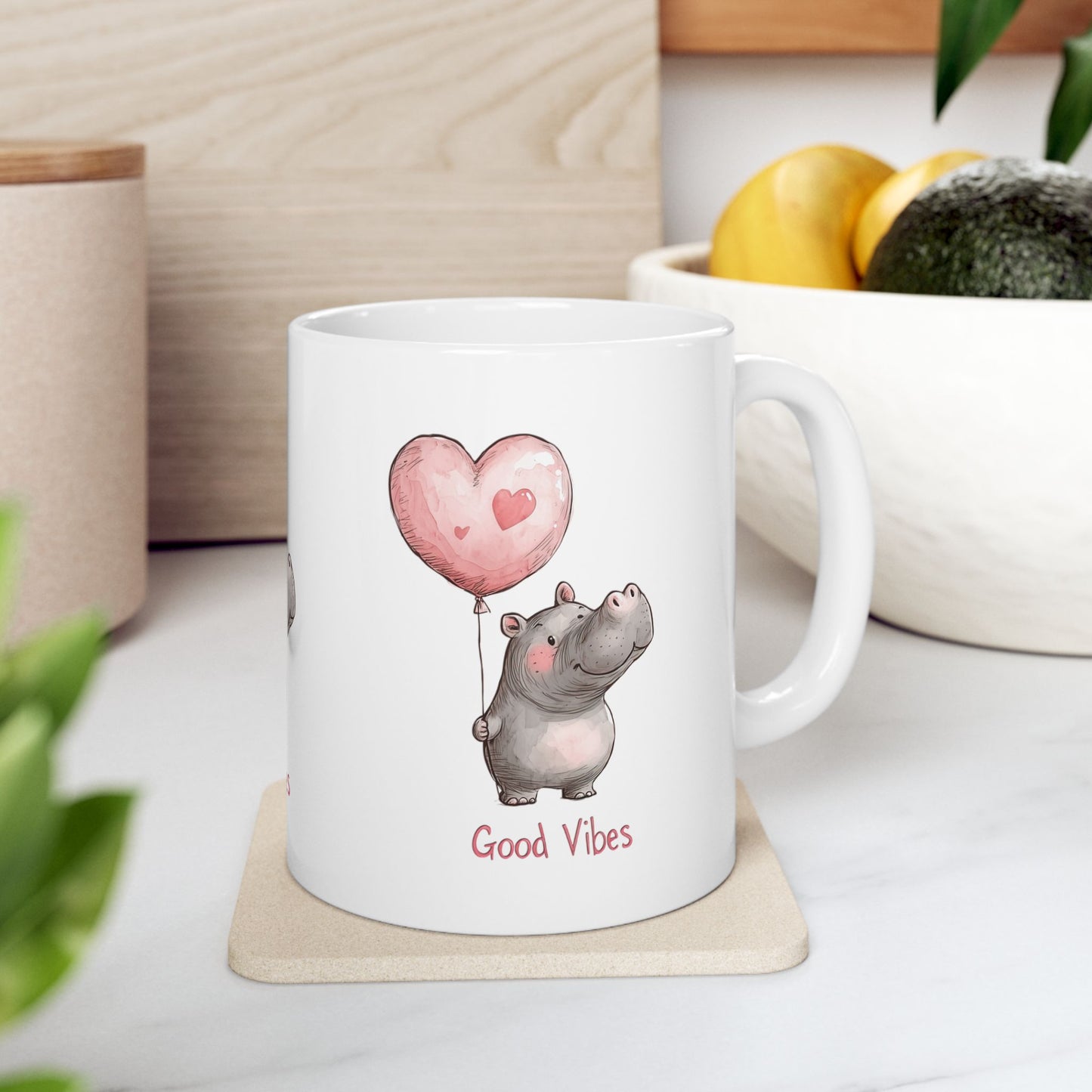 Cute Hippo Good Vibes Ceramic Mug, Gift for Animal Lovers, Positive Quote Coffee Cup, Birthday Present, Valentine's Day