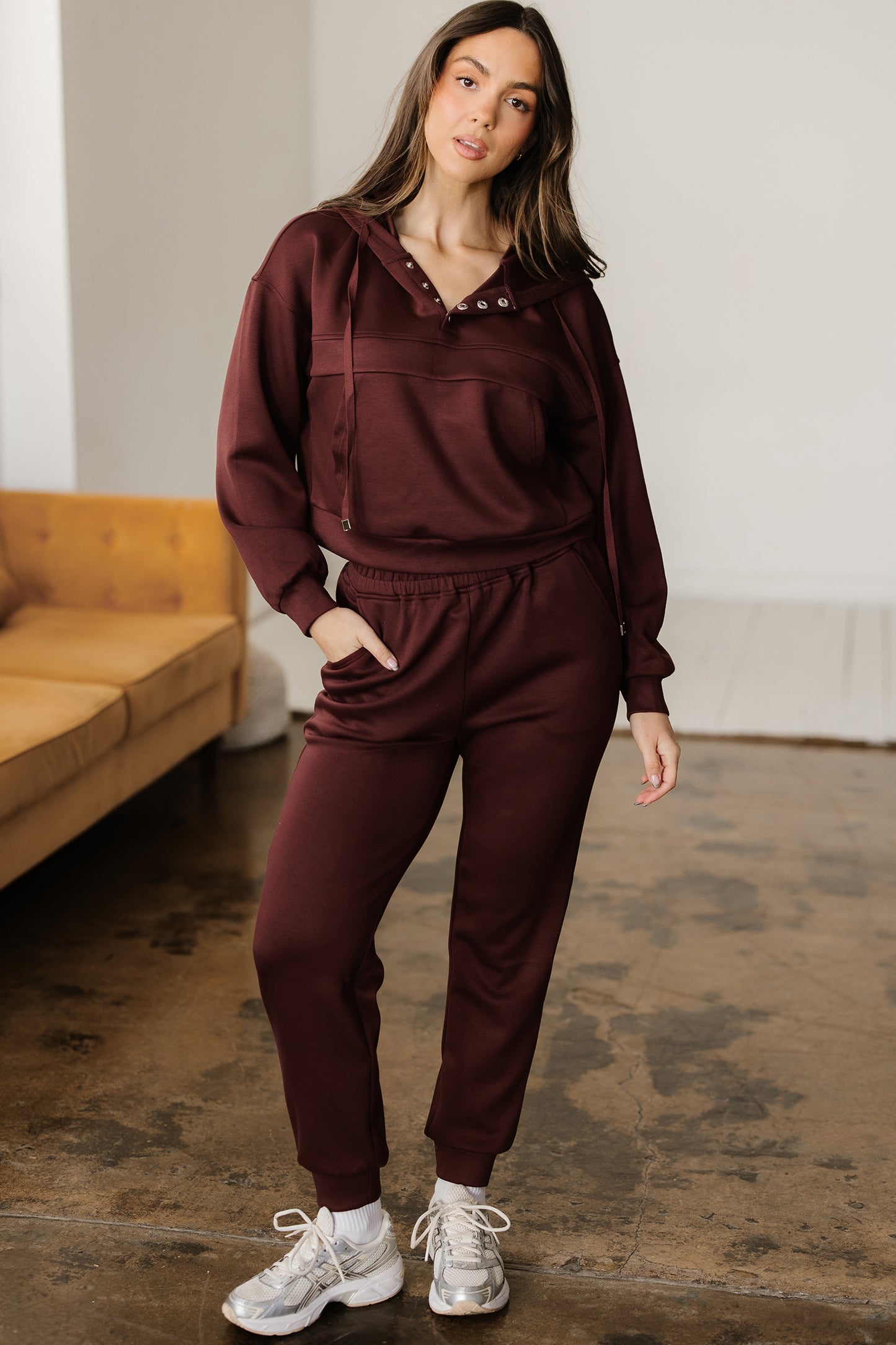 Chicory Coffee Button Drawstring Cropped Hoodie Jogger 2pcs Set