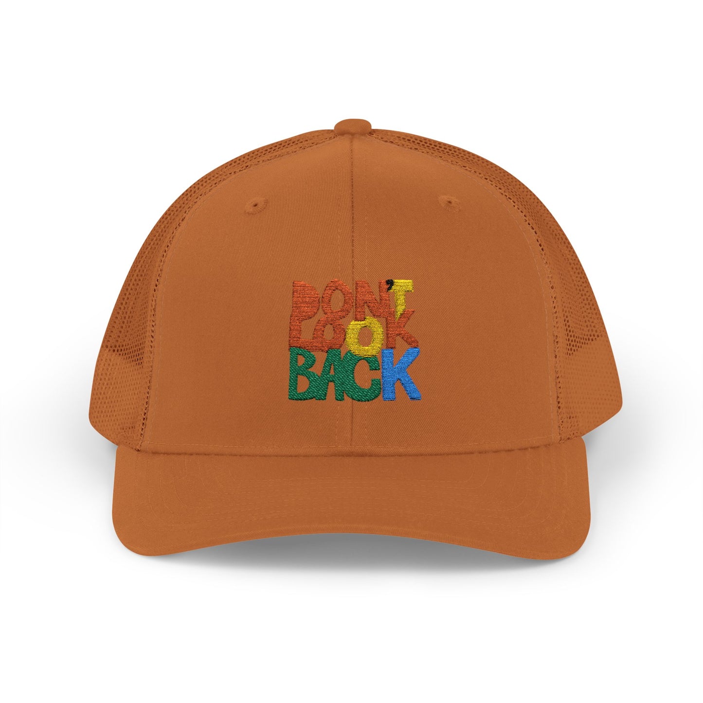 Don’t Look Back Snapback Trucker Cap — Retro Rainbow Embroidered Hat