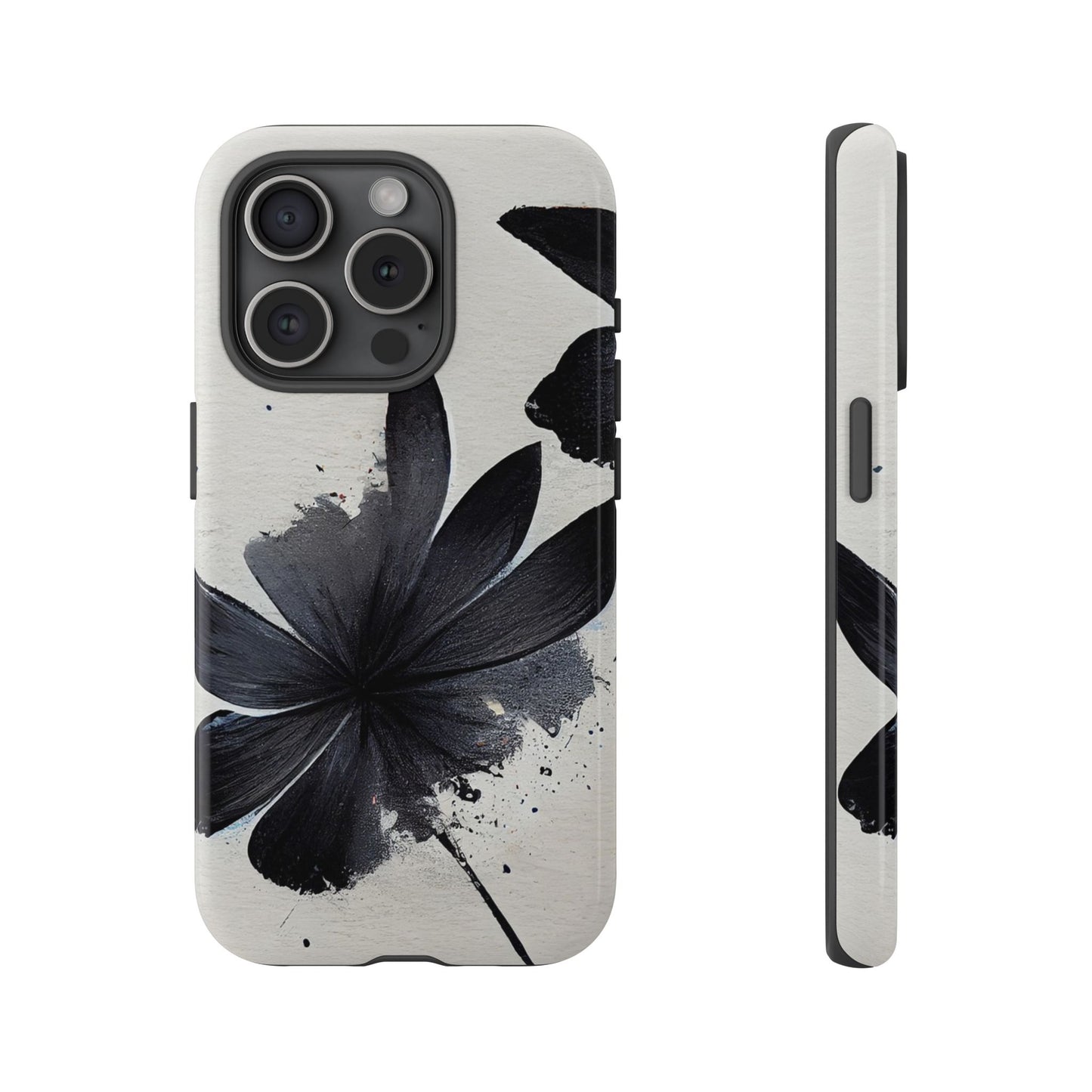 Monochrome Floral Tough Phone Case — Black Ink Flower Protective Cover