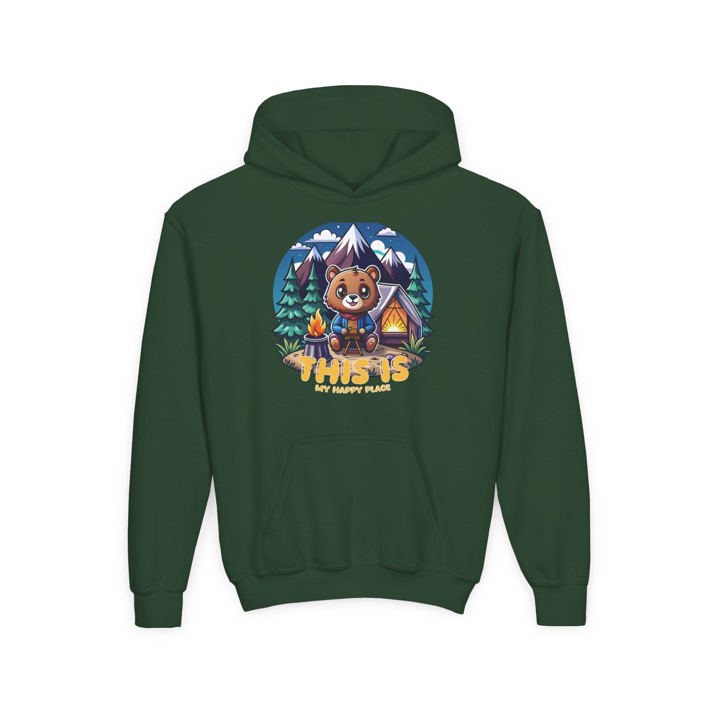 Youth Bear Camping Hoodie — "This is My Happy Place" Cozy Kid’s Outdoor Sweatshirt
