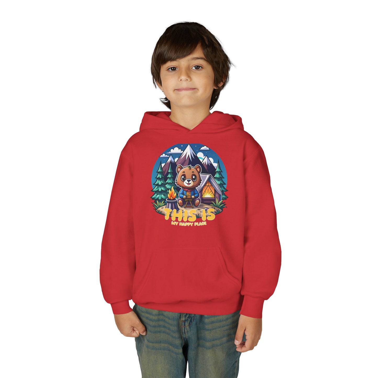 Youth Bear Camping Hoodie — "This is My Happy Place" Cozy Kid’s Outdoor Sweatshirt