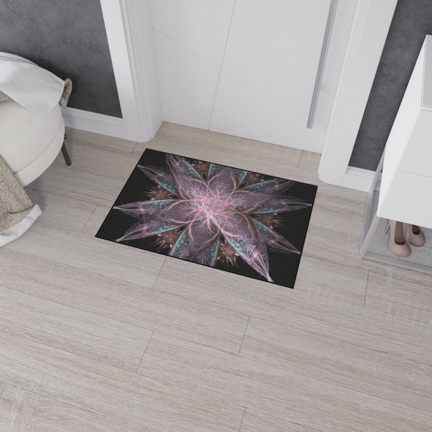 Mandala Star Heavy-Duty Floor Mat — Abstract Pink & Teal Fractal Entrance Rug
