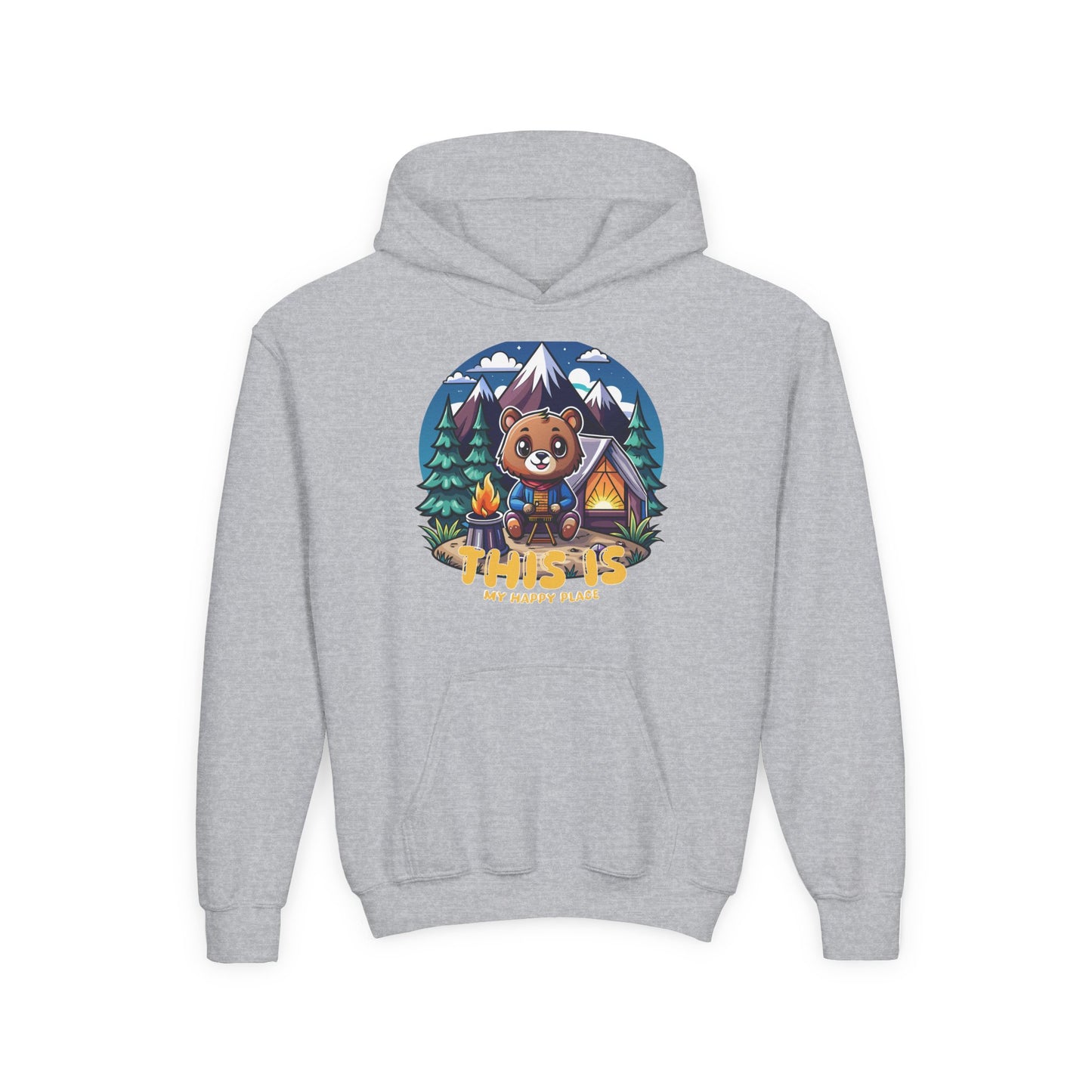 Youth Bear Camping Hoodie — "This is My Happy Place" Cozy Kid’s Outdoor Sweatshirt
