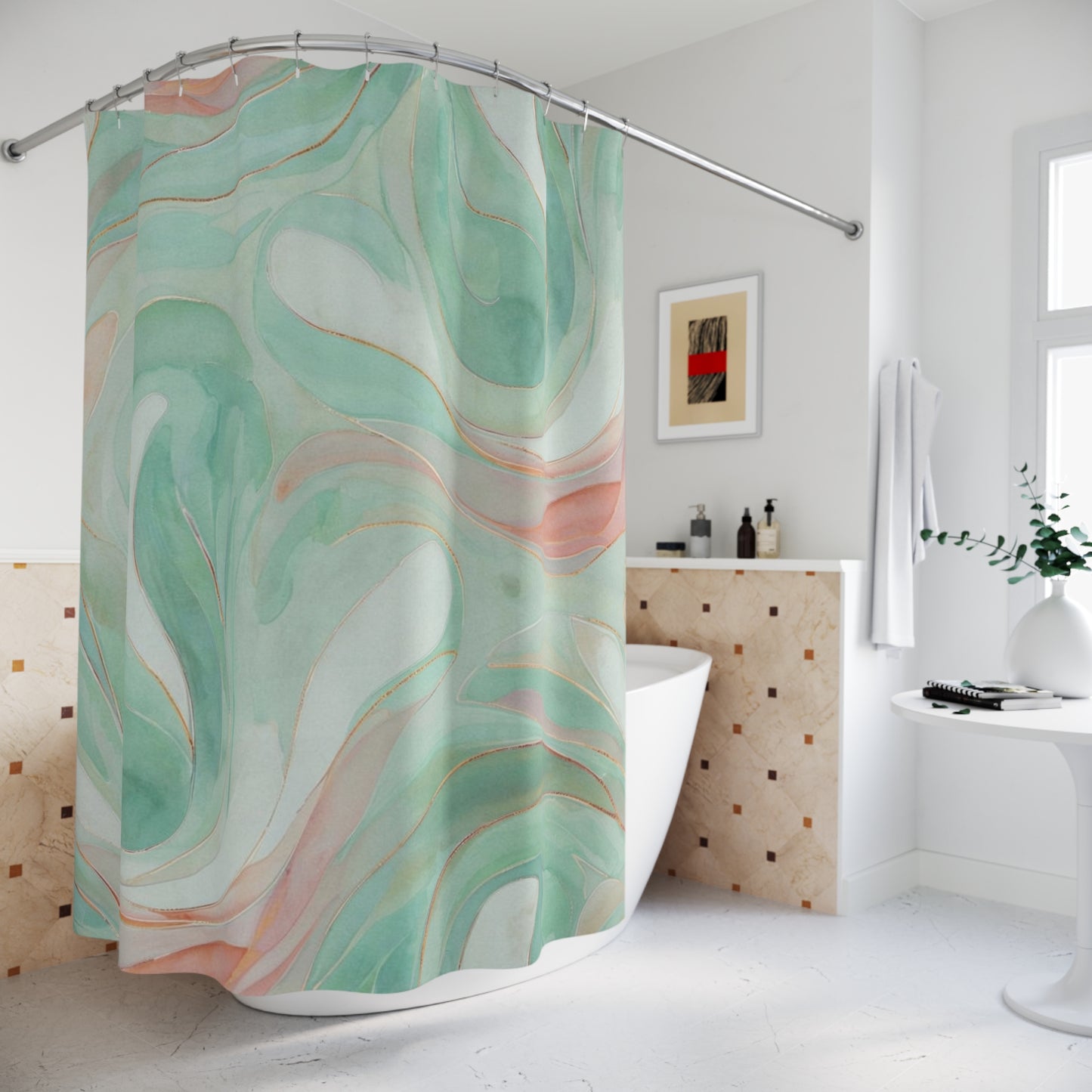 Aqua Marble Shower Curtain — Mint Green & Coral Swirl Bathroom Decor