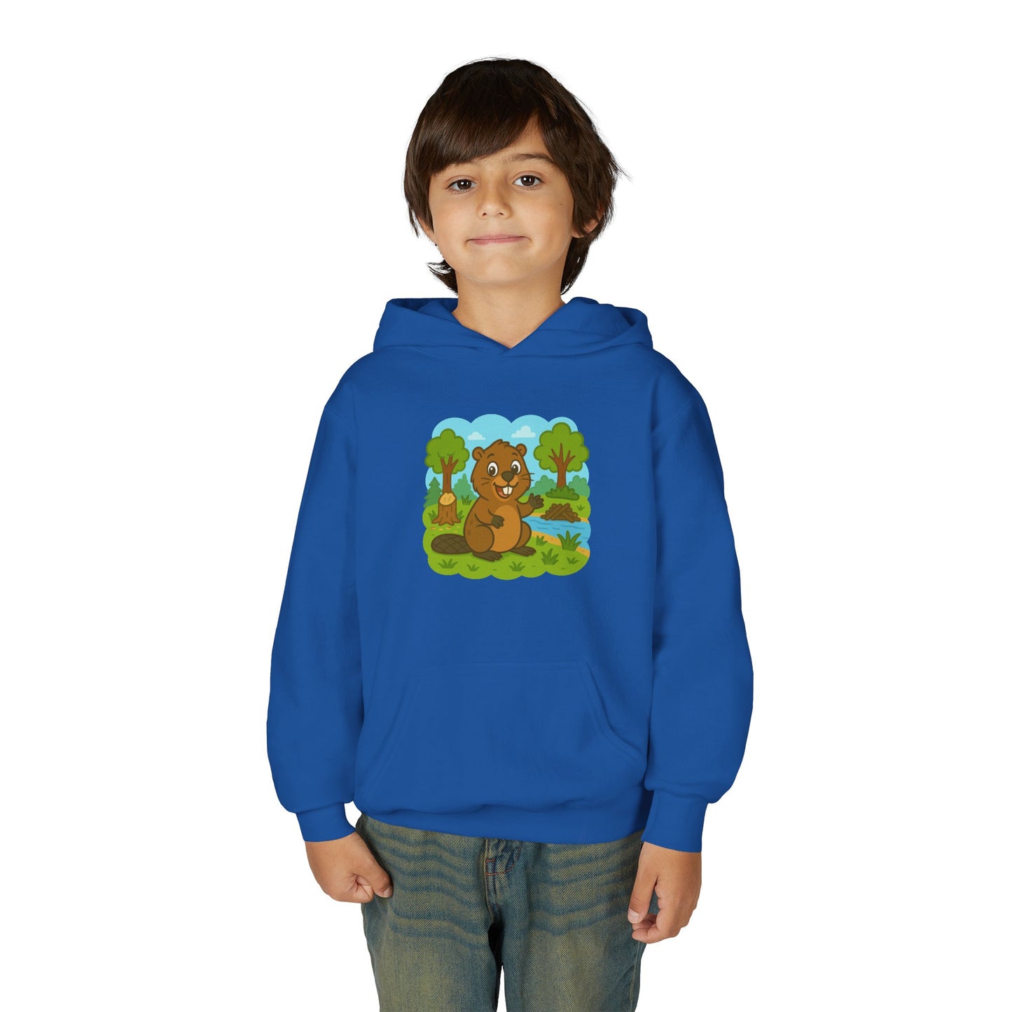 Cartoon Beaver Forest Scene Youth Hoodie | Woodland Animal Kids Sweatshirt