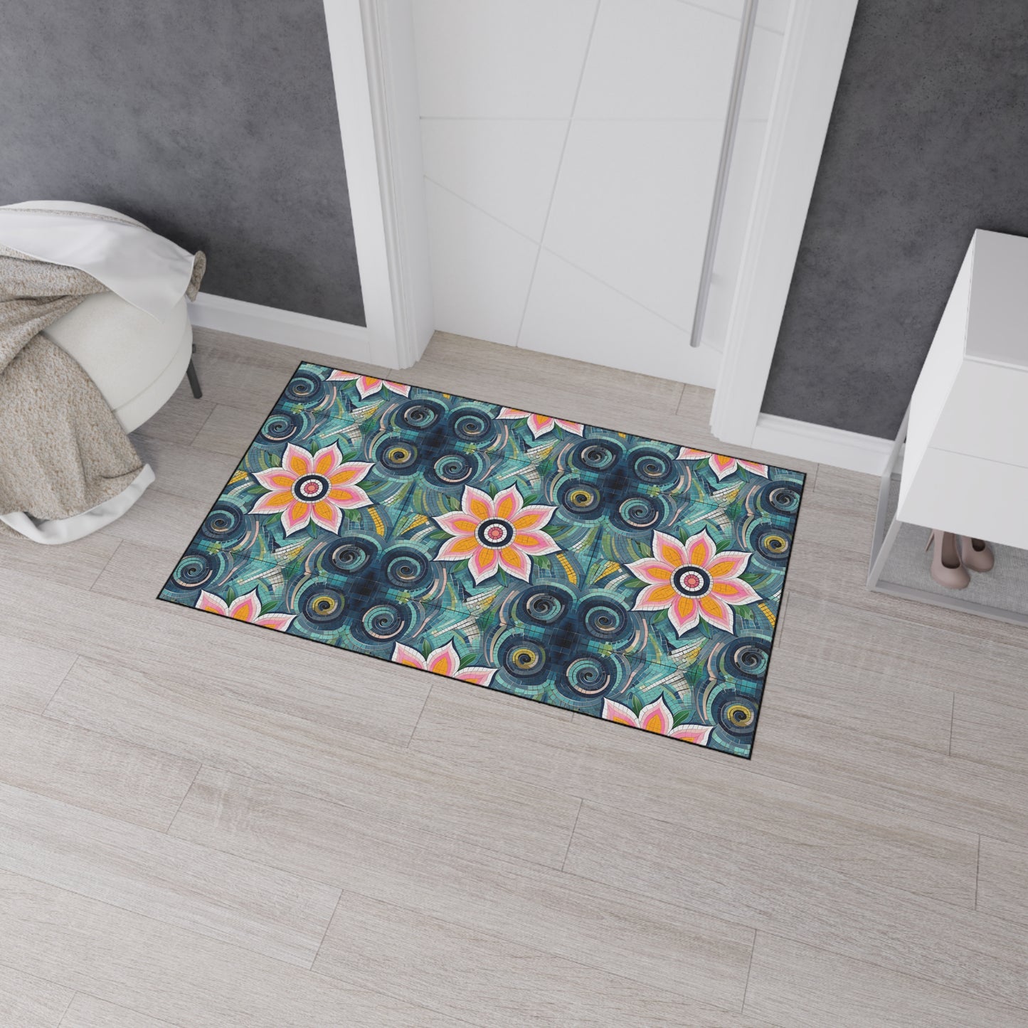Floral Mosaic Heavy-Duty Floor Mat — Non-Slip Garden Pattern Rug