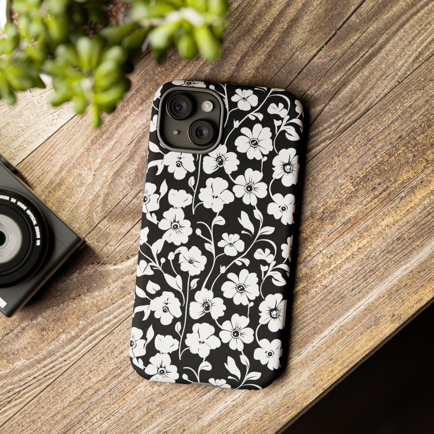 Floral Noir Tough Phone Case — Black & White Flower Protective Cover