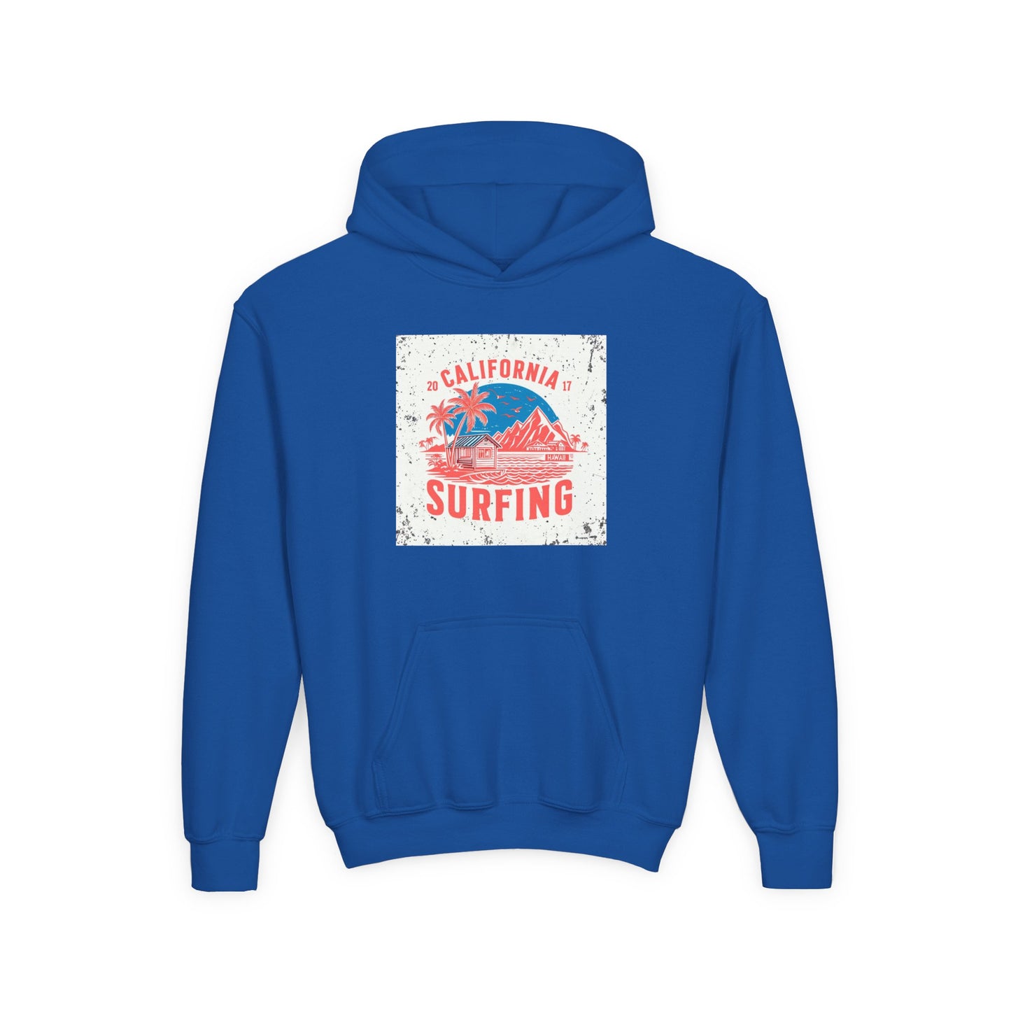 California Surfing Youth Hoodie — Retro Beach Palm Tree Surf Graphic