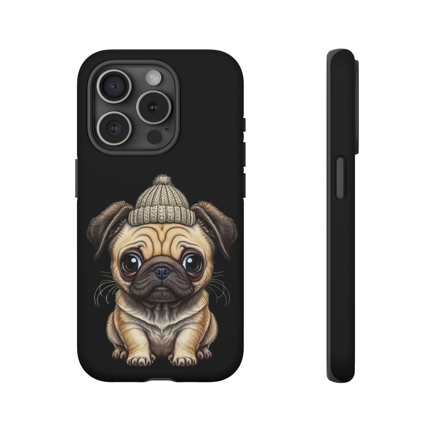 Pug Phone Case – Cute Pug Puppy Illustration on Black Tough Case