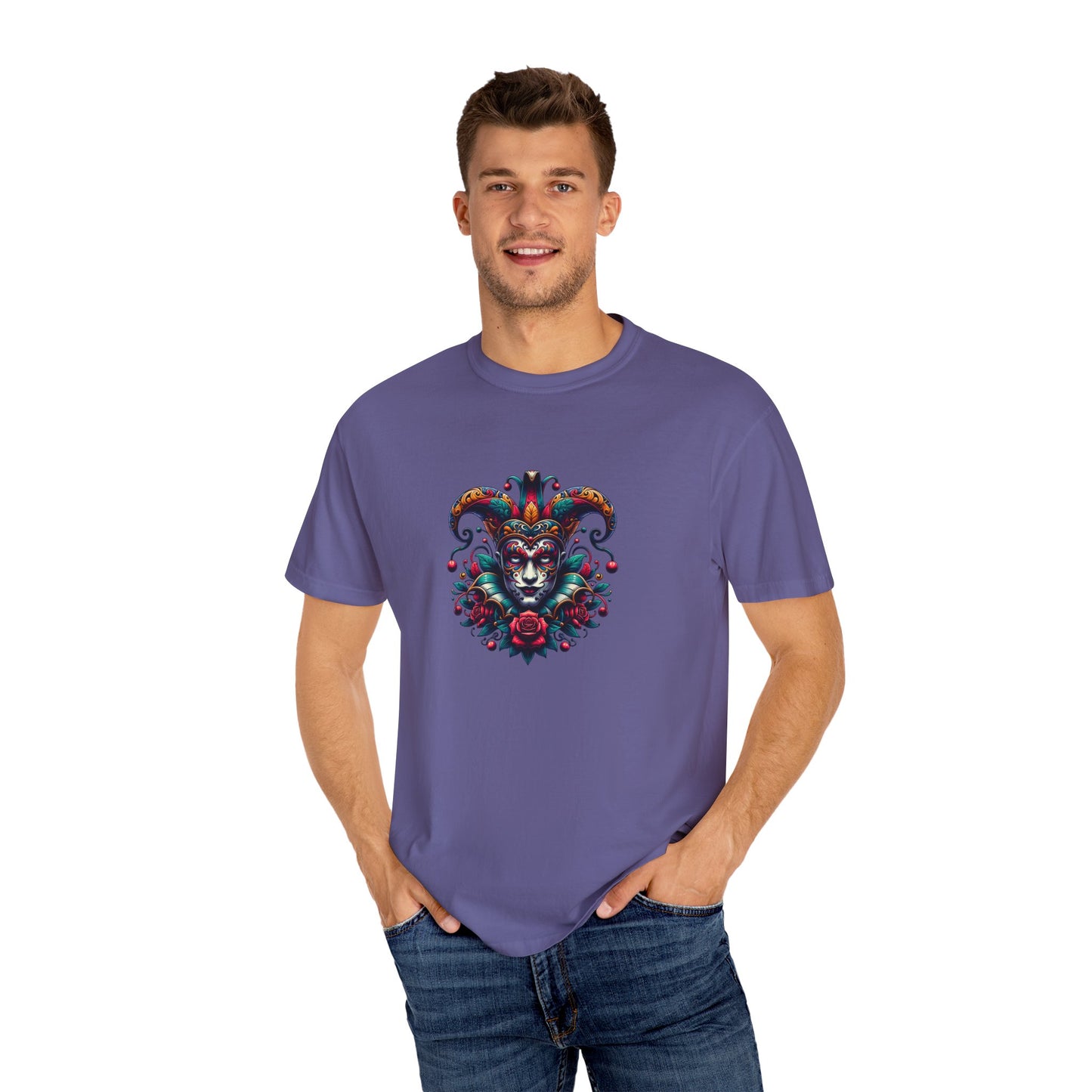 Vibrant Graphic Unisex T-Shirt with Floral Mask Design