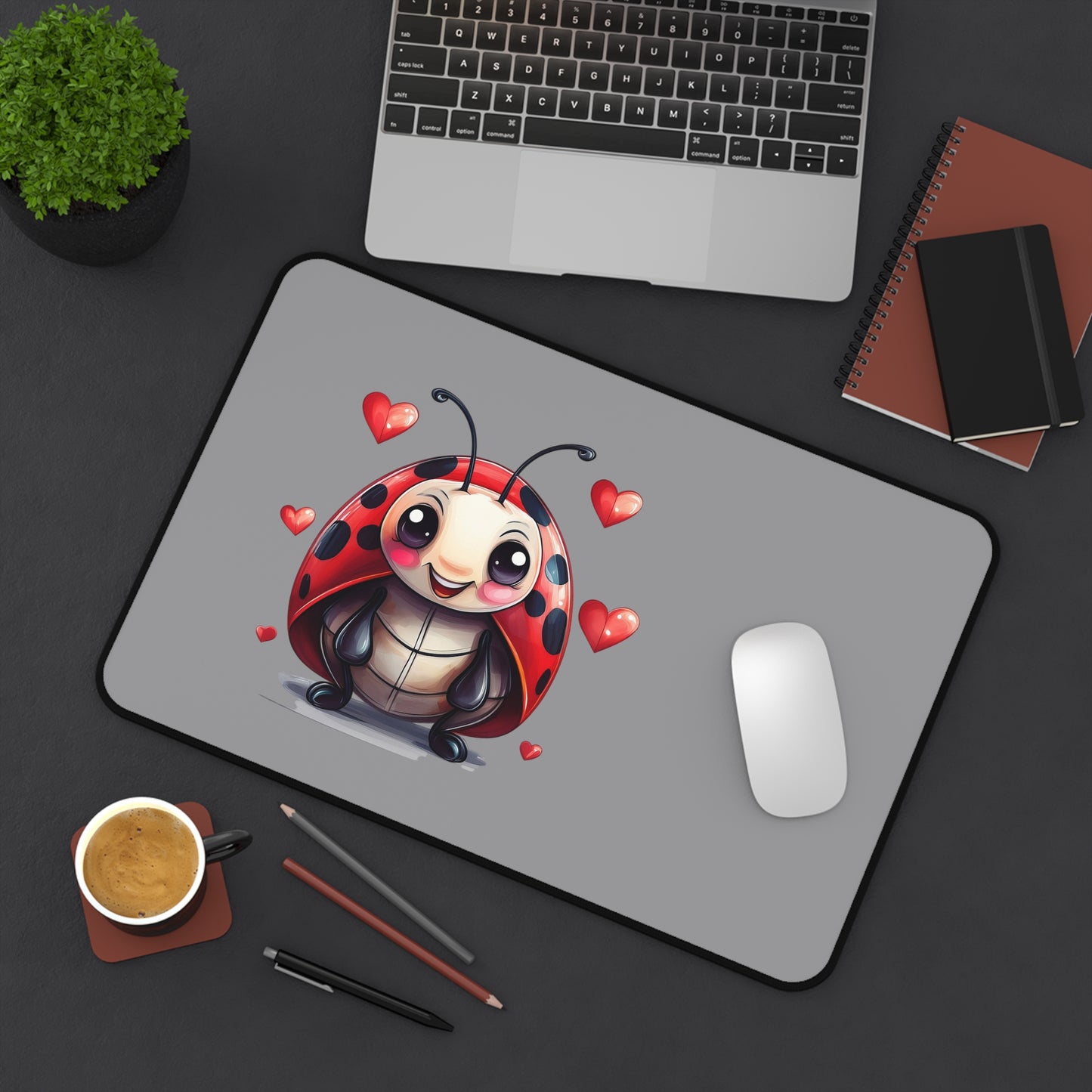Cute Ladybug Desk Mat — Playful Mouse Pad with Heart Cartoon Design