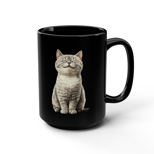 15oz Black Mug — Smiling Grey Cat Ceramic Coffee Cup