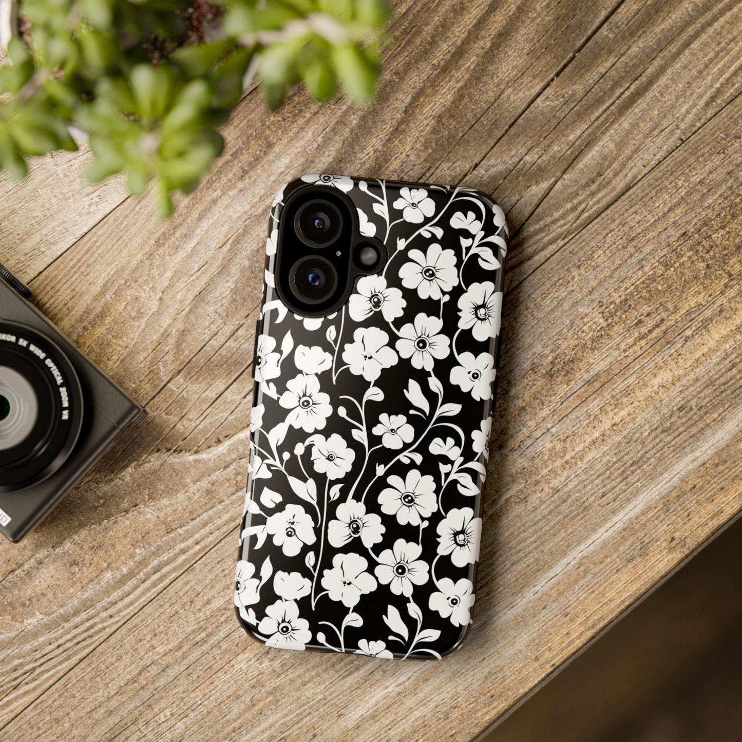 Floral Noir Tough Phone Case — Black & White Flower Protective Cover
