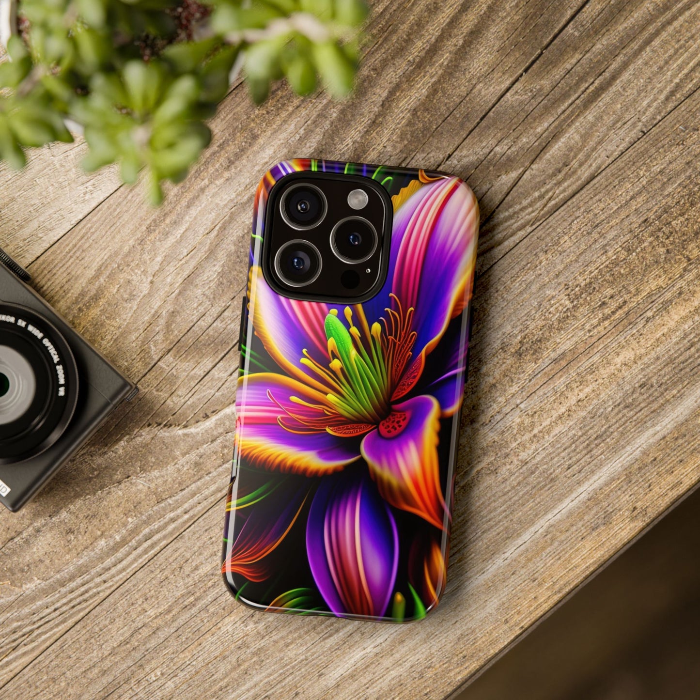 Floral Neon Tough Phone Case — Vivid Purple & Orange Lily Protective Cover