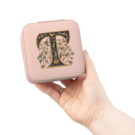 Travel Jewelry Case – Monogram 'T' Compact Organizer, Pink Leatherette Gift for Her