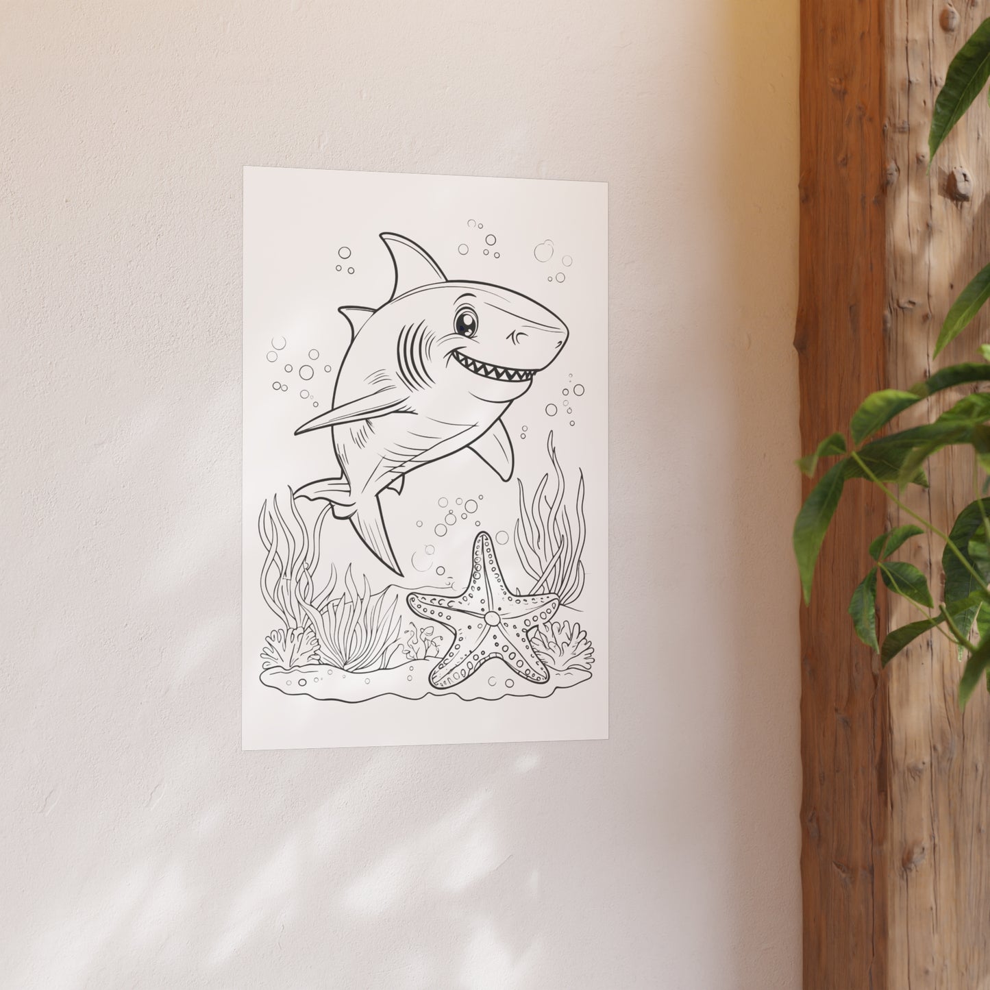 Cute Shark Coloring Poster — Satin & Archival Matte Ocean Print for Kids’ Rooms