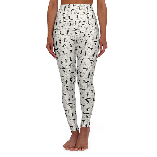 Yoga Leggings — High-Waisted Black & White Minimalist Cat Pose Print