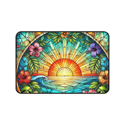 Sunset Tropical Desk Mat — Stained-Glass Sunrise Beach Mouse Pad