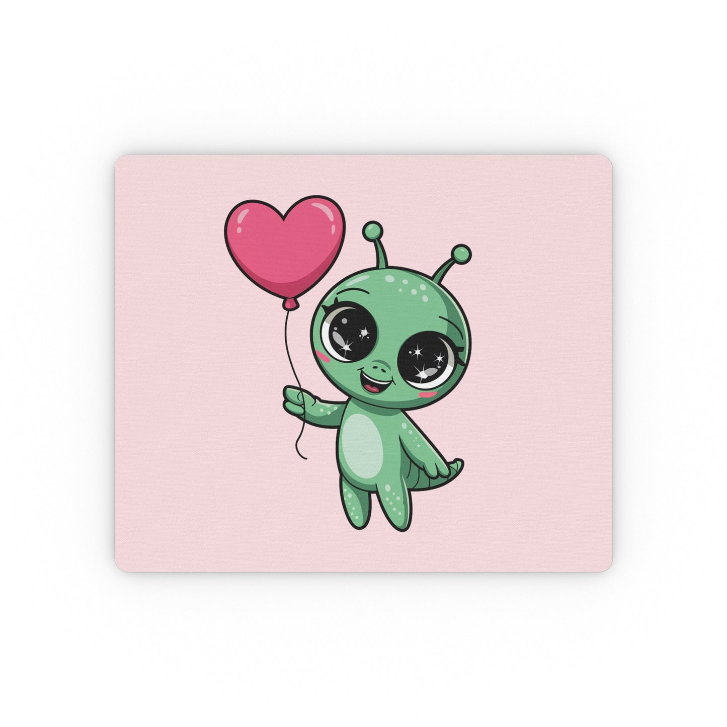 Cute Alien with Heart Balloon Mouse Pad — Pink Kawaii Desk Mat