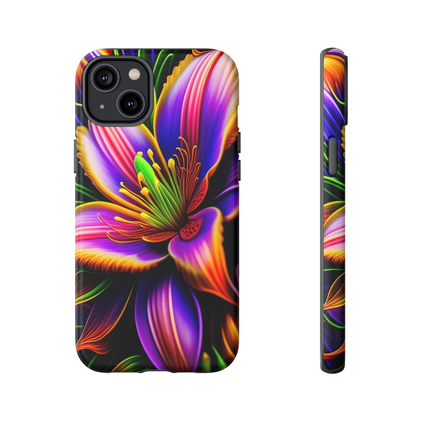 Floral Neon Tough Phone Case — Vivid Purple & Orange Lily Protective Cover