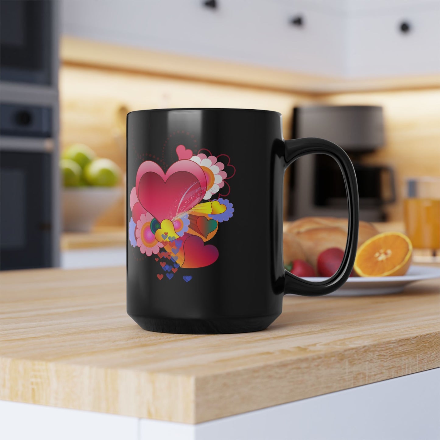 15oz Black Mug — Colorful Heart Floral Love Design