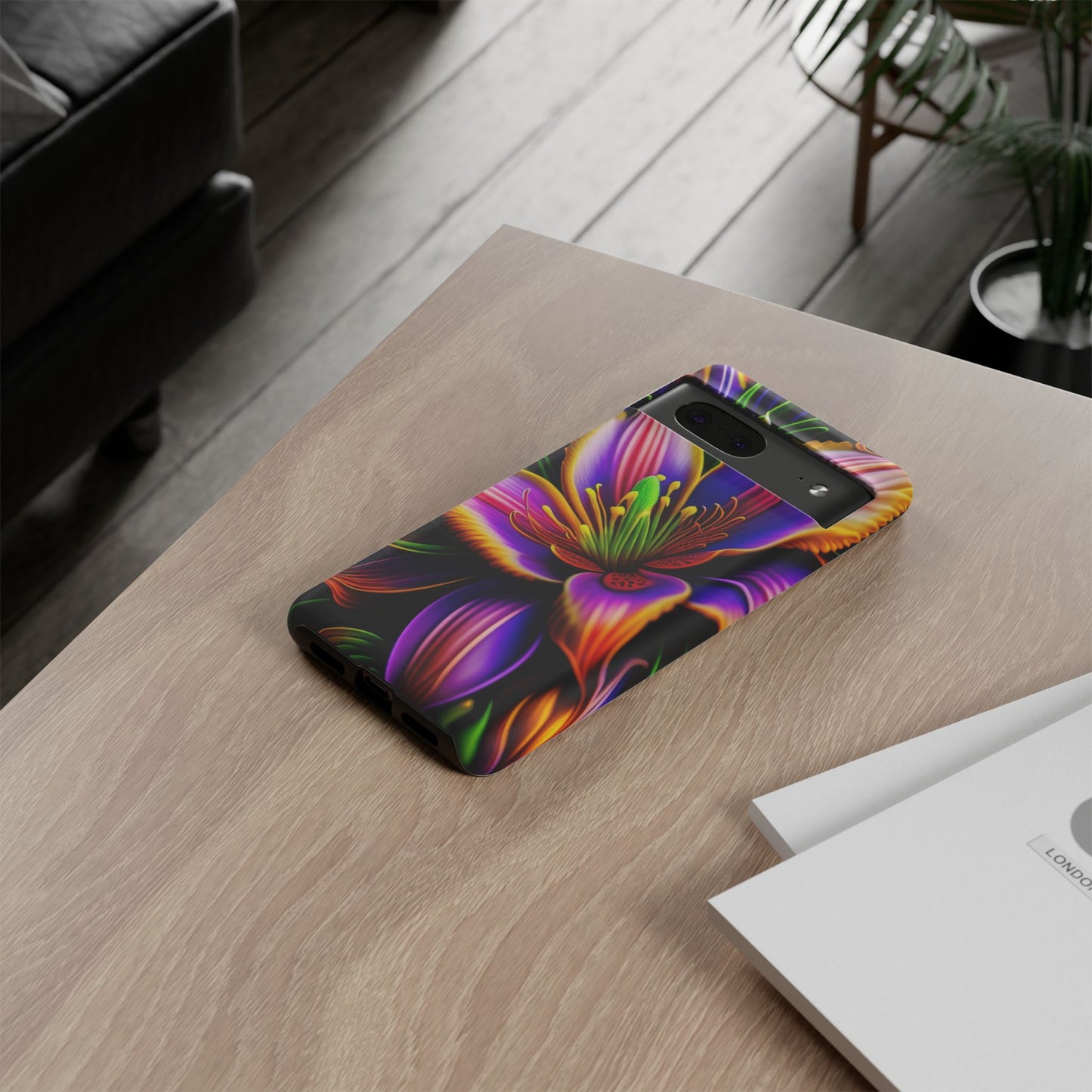Floral Neon Tough Phone Case — Vivid Purple & Orange Lily Protective Cover