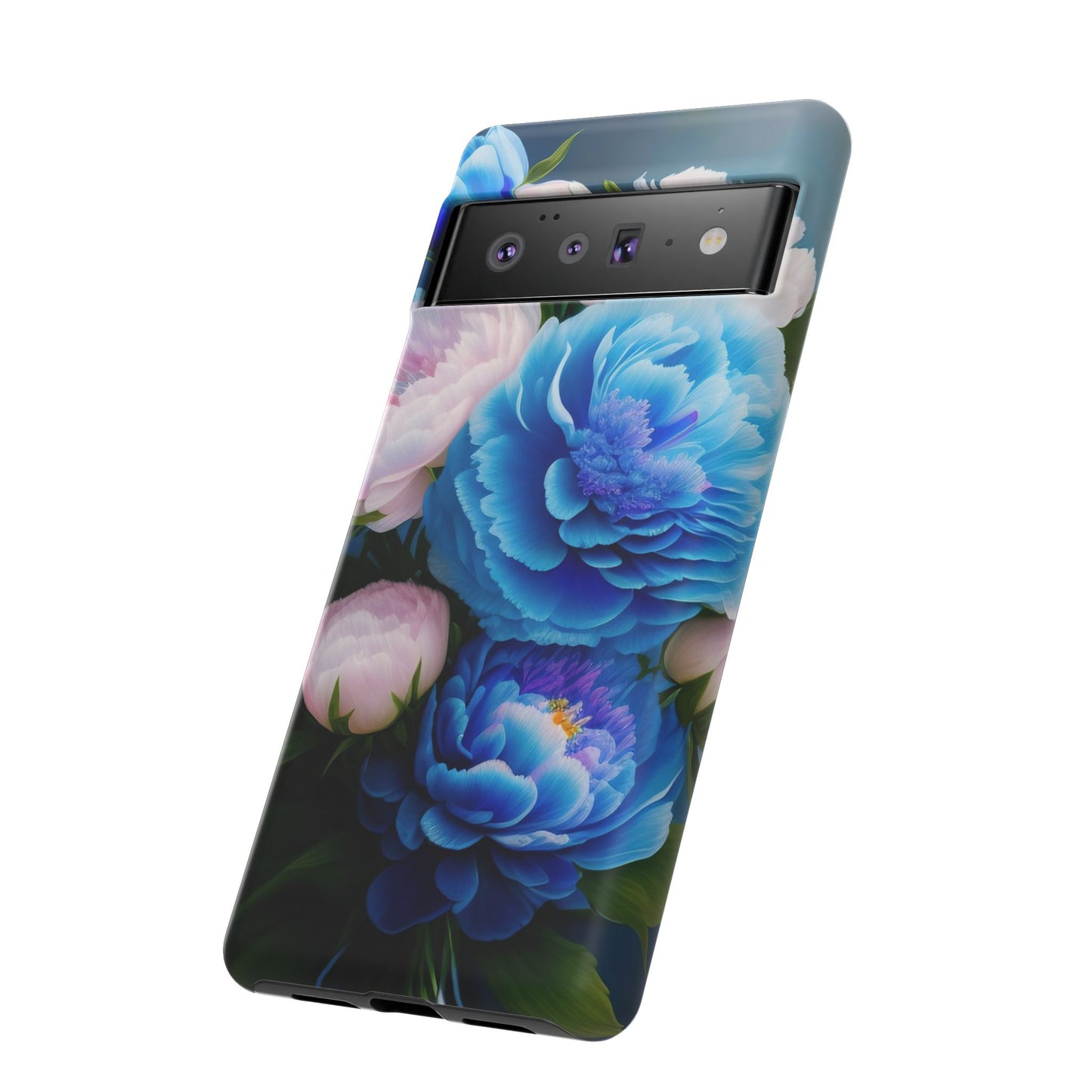 Floral Blue Peony Phone Case — Protective Tough Case with Pink & Blue Blooms