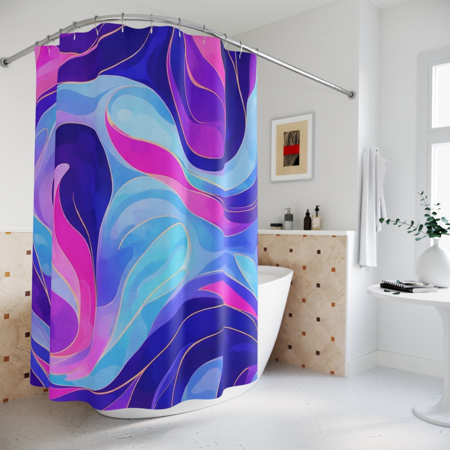 Abstract Ocean Waves Shower Curtain — Blue & Pink Swirl Bathroom Decor