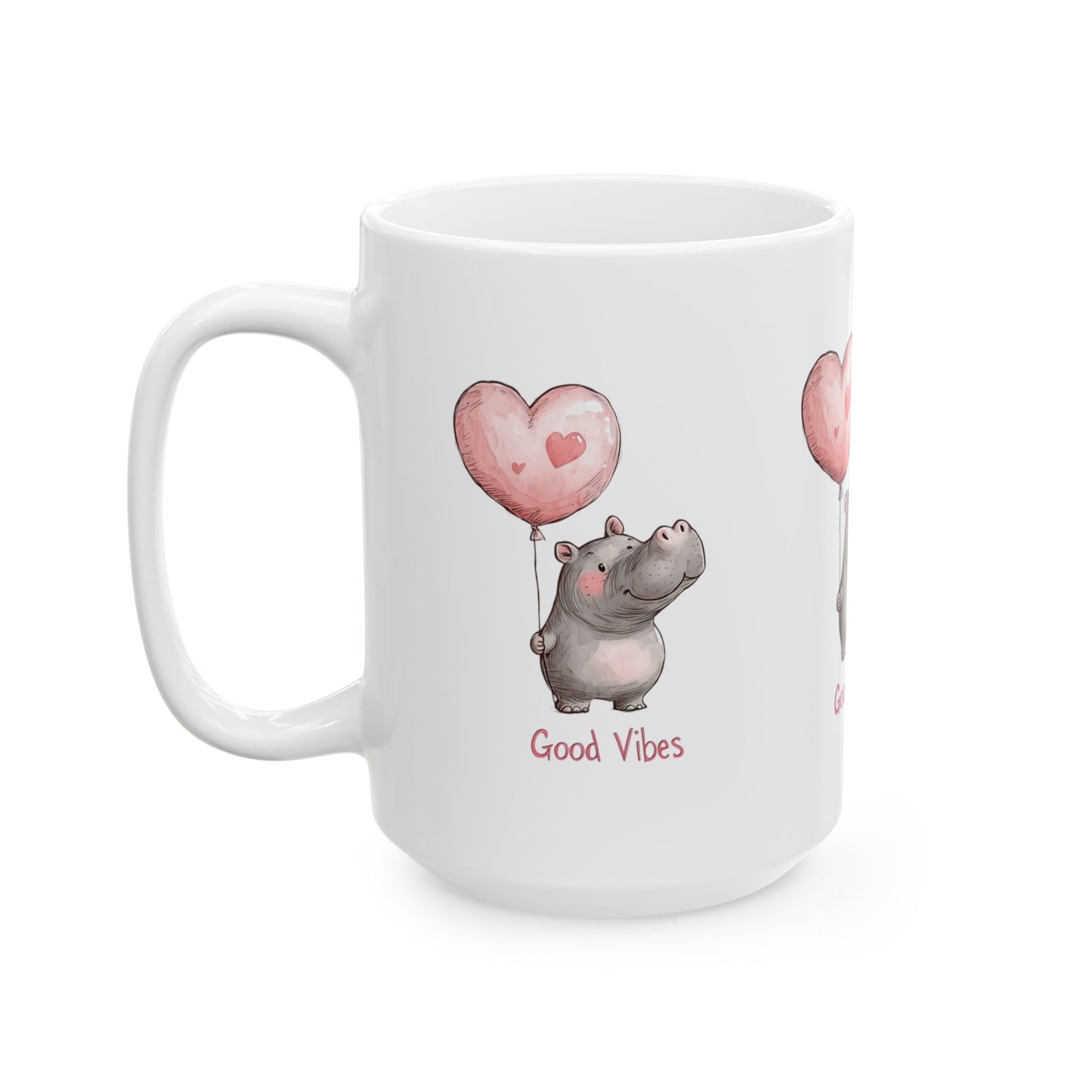 Cute Hippo Good Vibes Ceramic Mug, Gift for Animal Lovers, Positive Quote Coffee Cup, Birthday Present, Valentine's Day