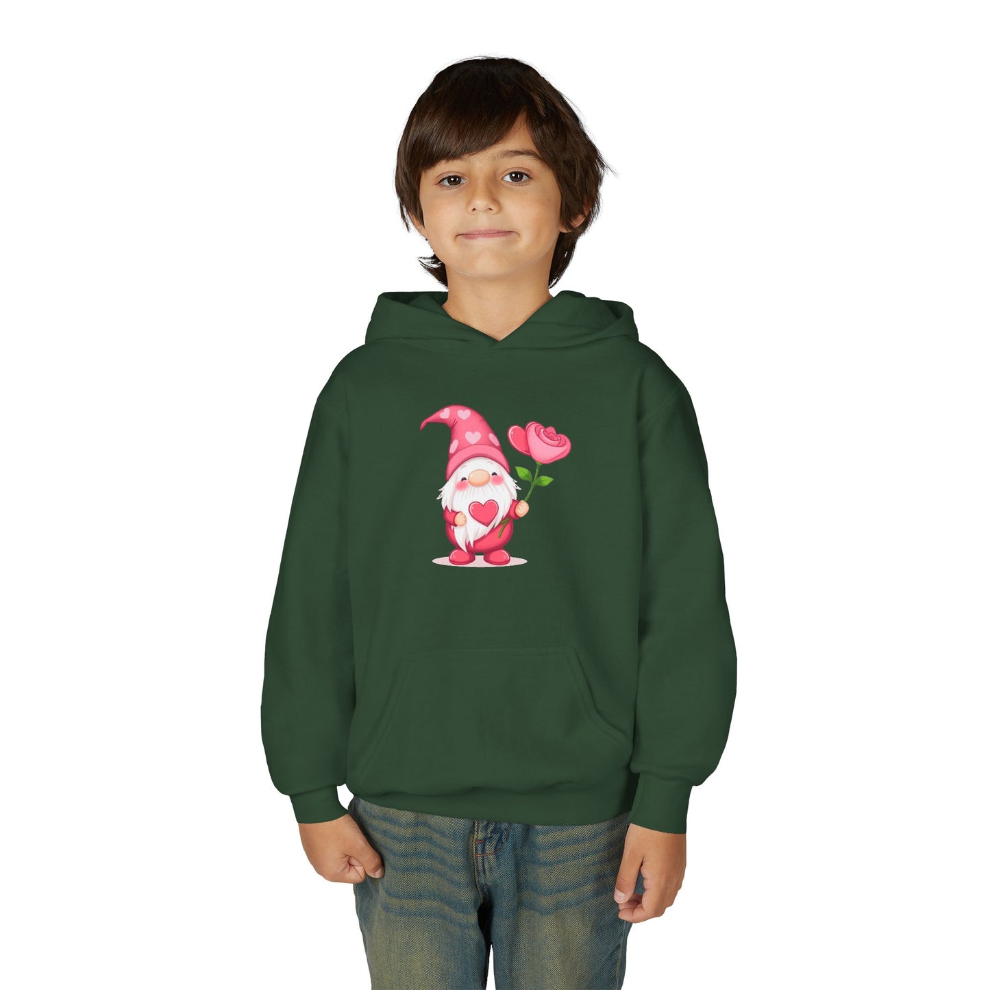 Valentine Gnome Kids Hoodie — Cute Pink Gnome Holding Rose Youth Sweatshirt