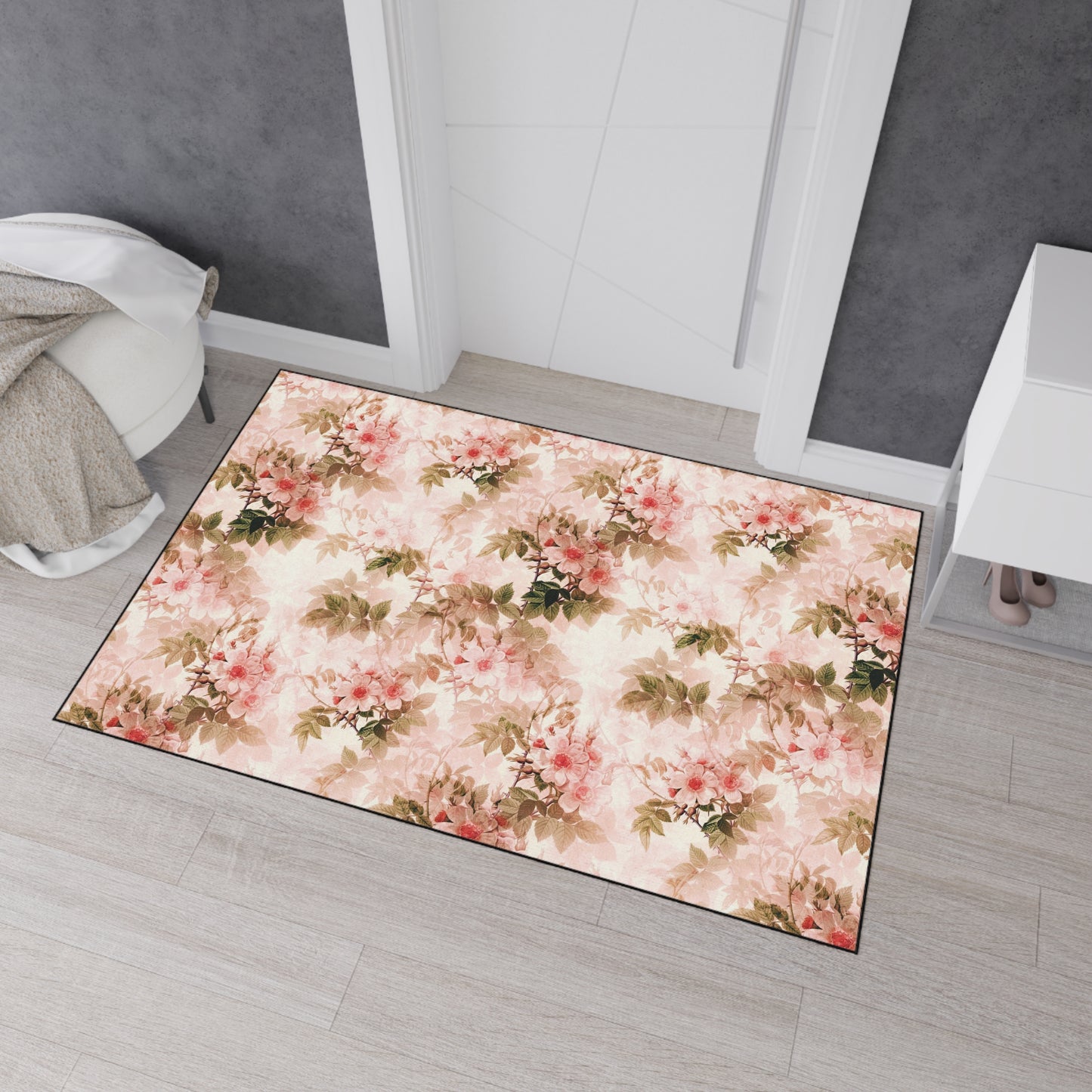 Floral Vintage Heavy-Duty Floor Mat — Pink Rose Garden Rug
