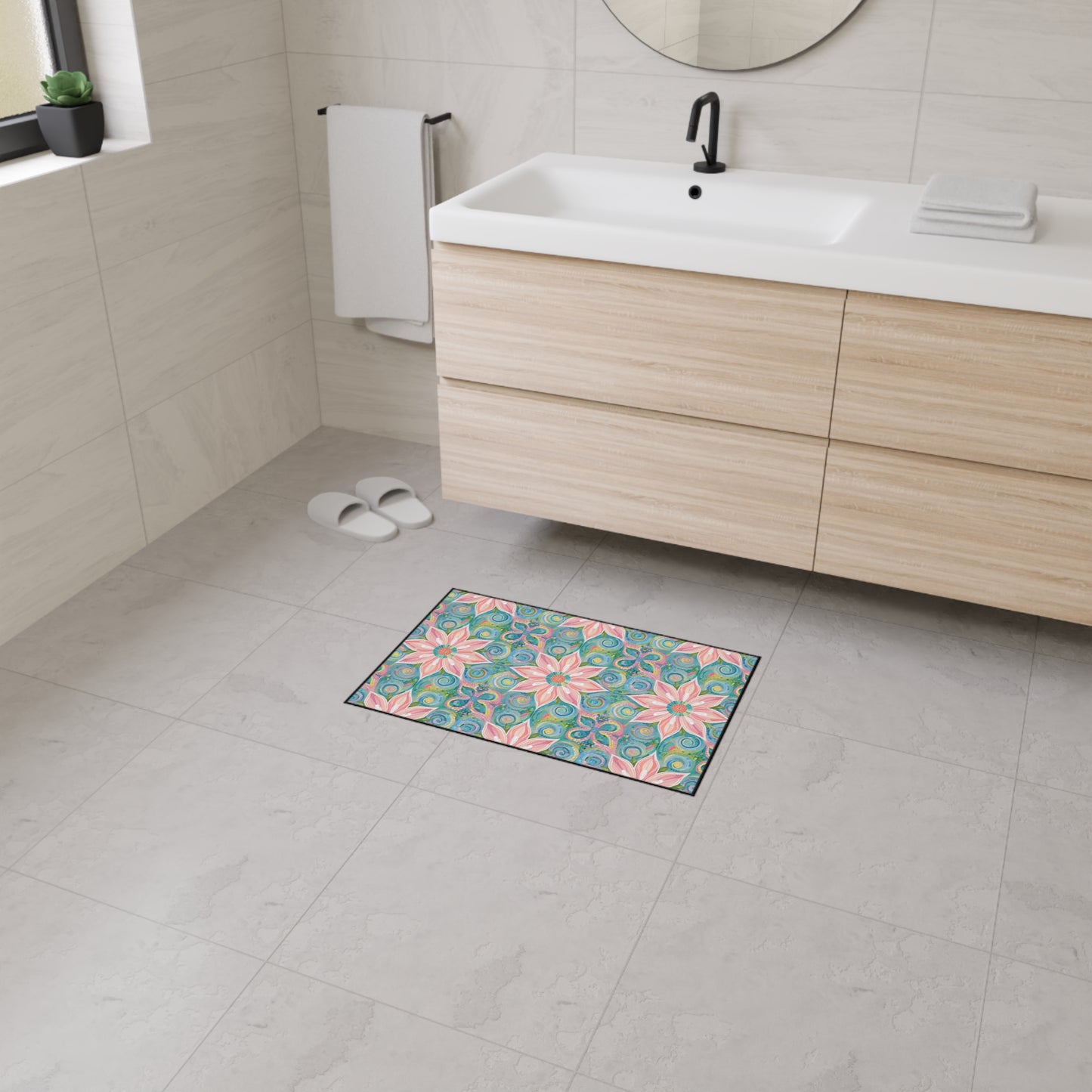 Floral Kaleidoscope Heavy-Duty Floor Mat — Pink Petal Outdoor/Entry Rug