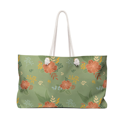 Floral Green Weekender Bag — Spacious Travel Tote with Peach Blooms