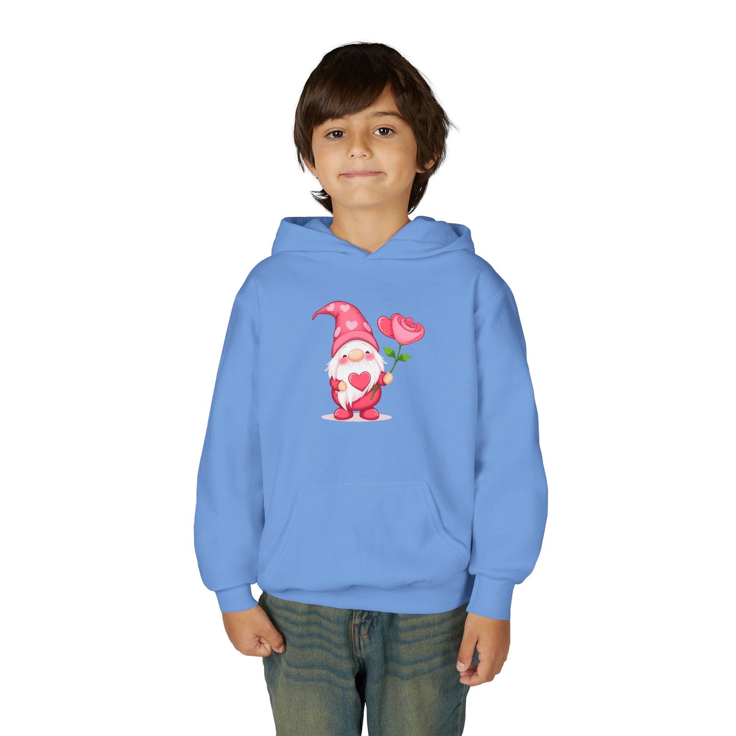 Valentine Gnome Kids Hoodie — Cute Pink Gnome Holding Rose Youth Sweatshirt