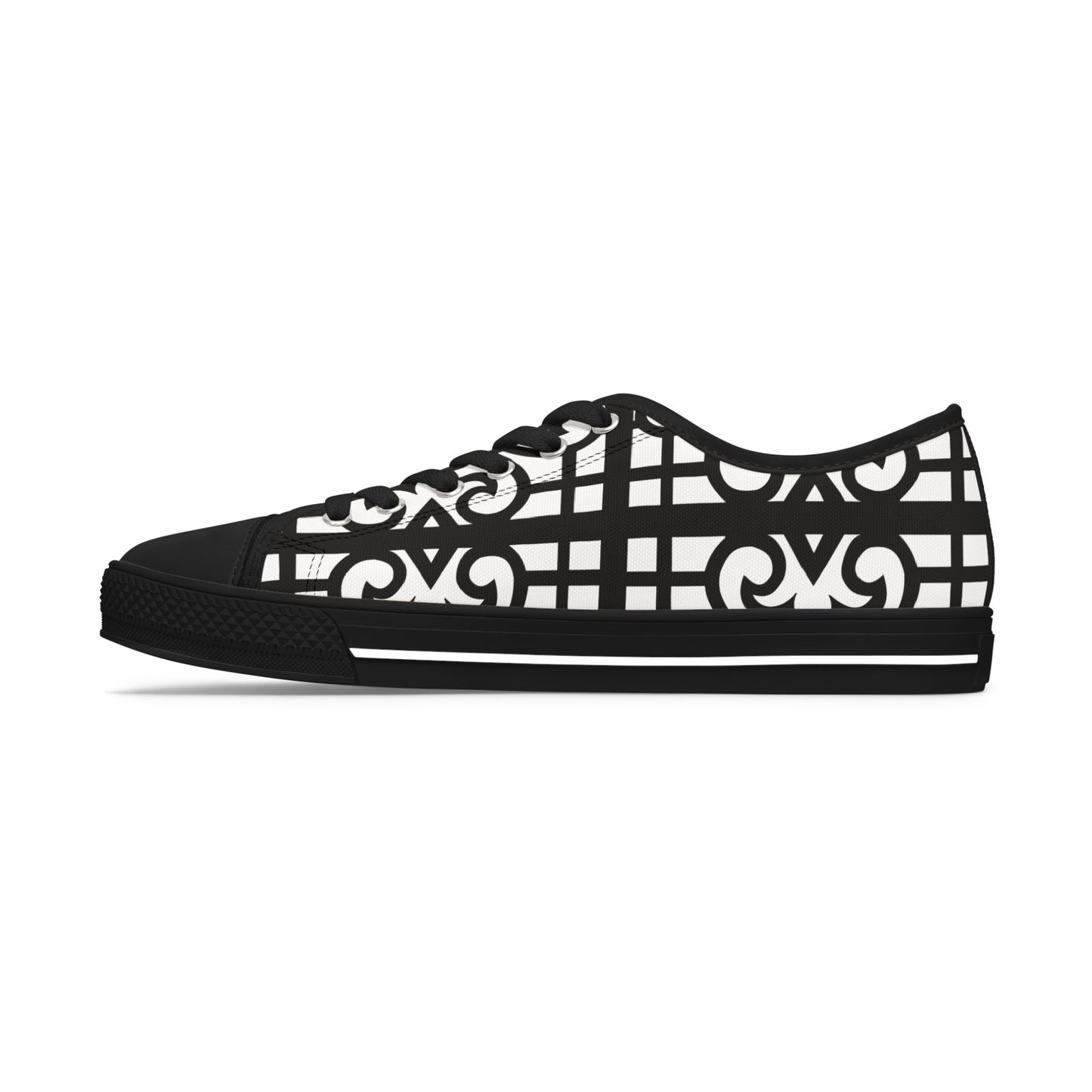 Low Top Sneakers — Black & White Geometric Lattice Pattern