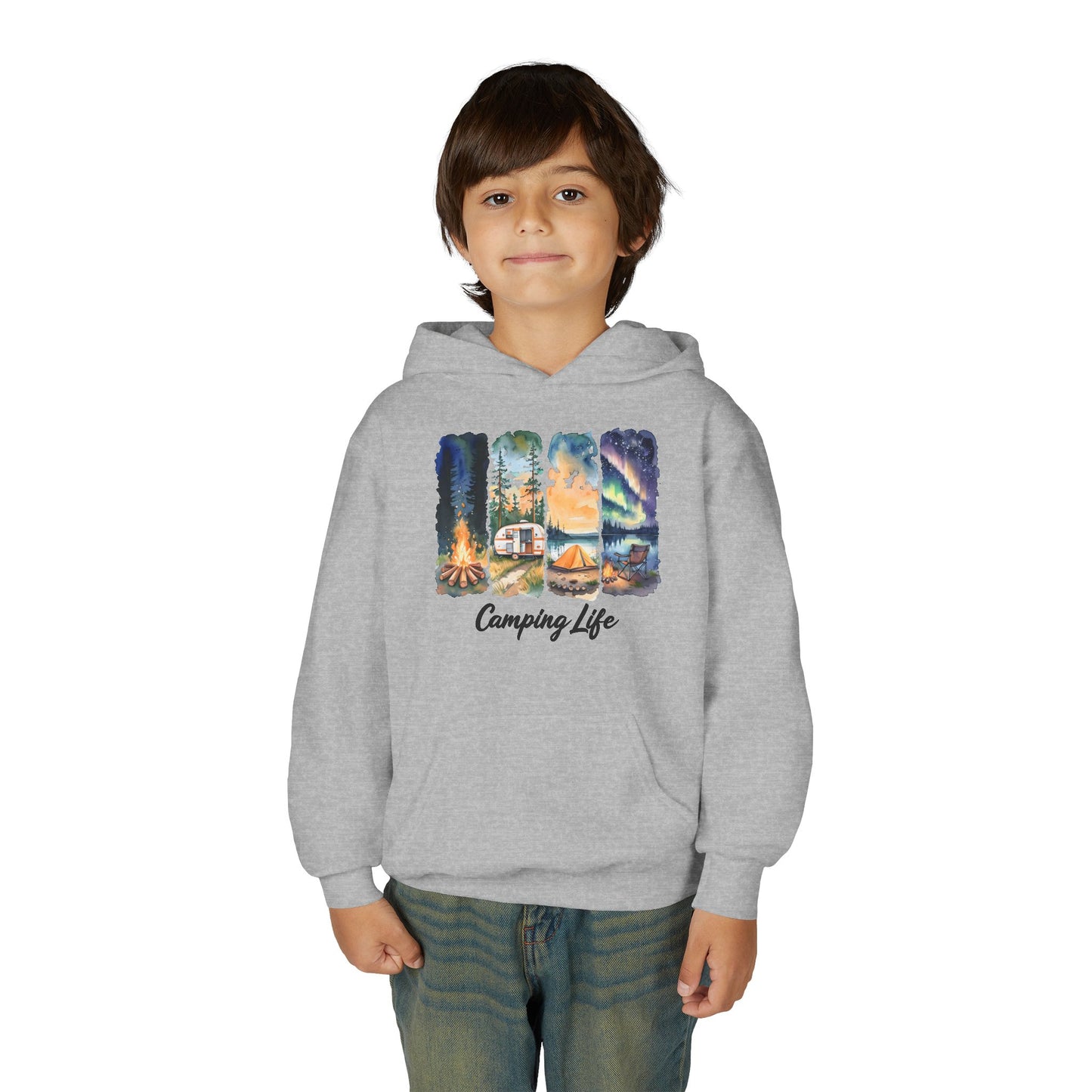 Youth Camping Life Hoodie — Scenic Campfire, Tent & Camper Pullover